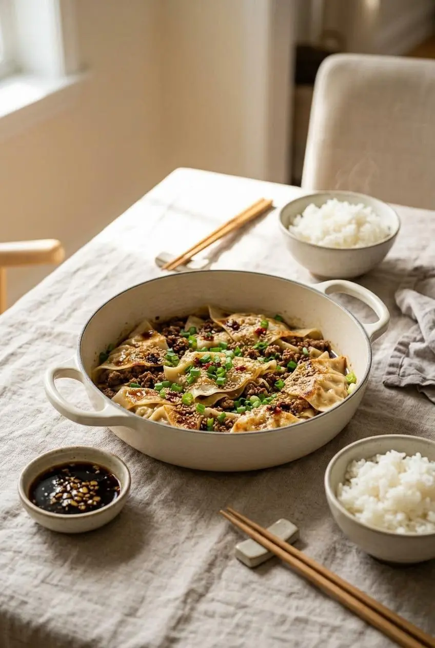 No fold blanket dumplings served on a table with soy-vinegar dipping sauce, steamed white rice, and chopsticks