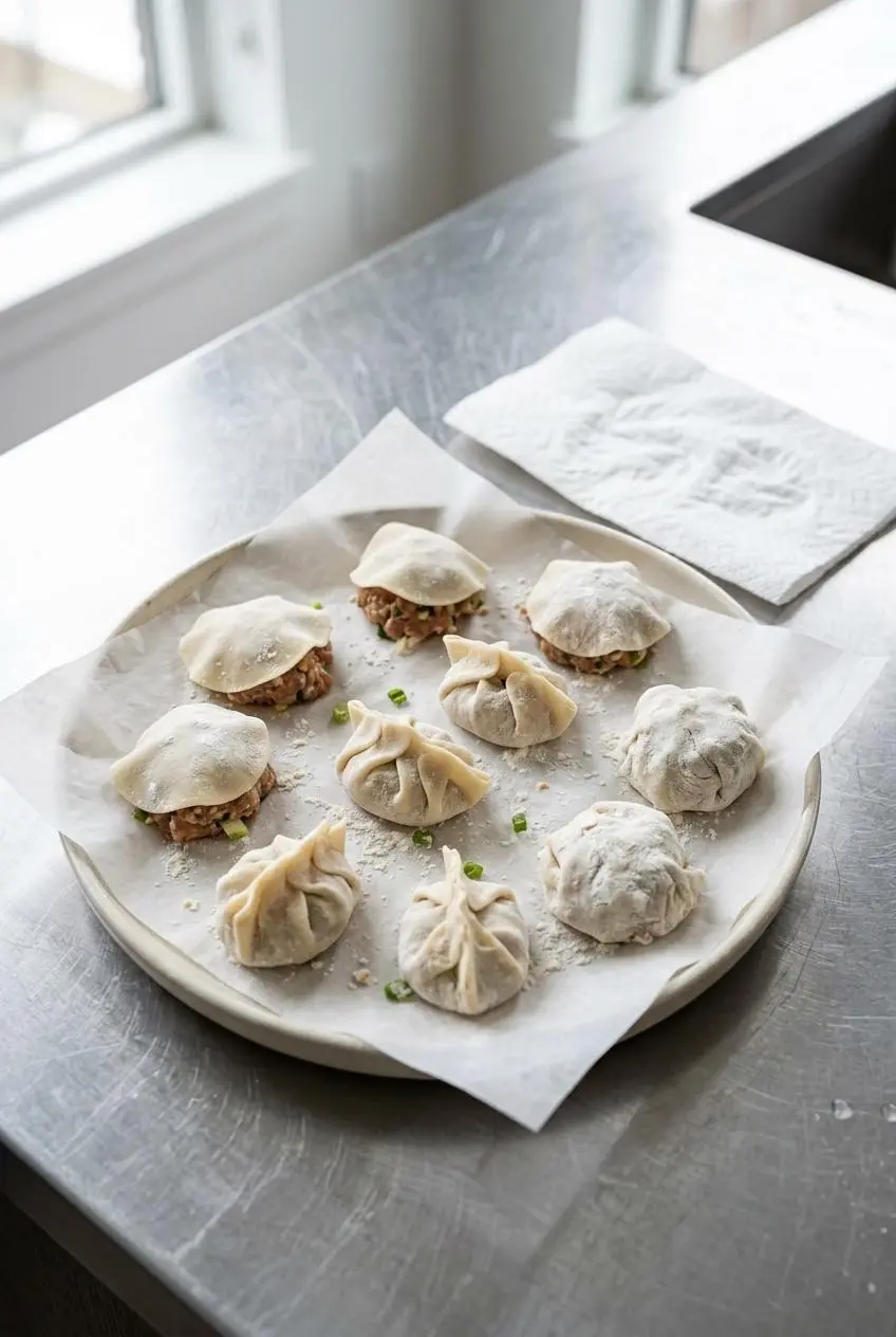 Uncooked ground pork mounds draped with round dumpling wrappers on a parchment-lined plate next to a damp paper towel