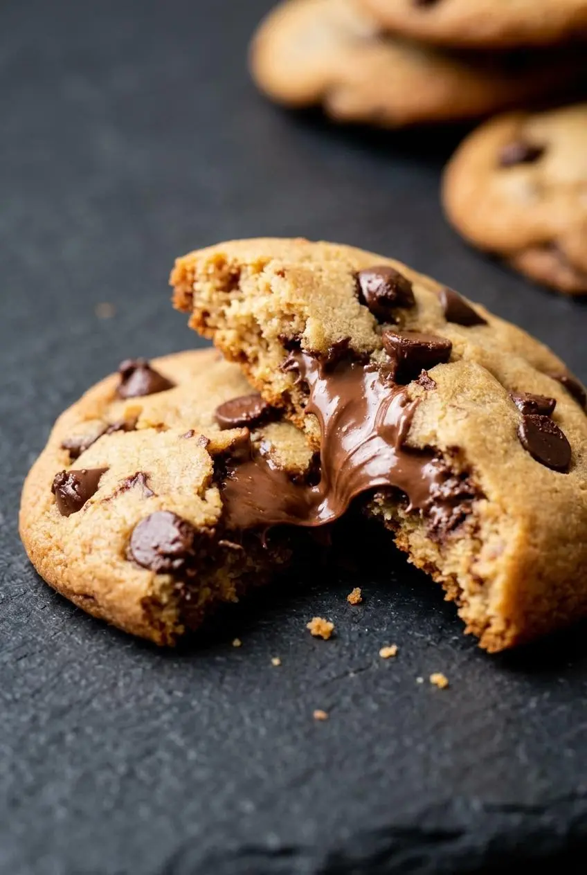 Close-up of a baked chocolate chip cookie broken in half showing an intact bottom crust and thick molten hazelnut filling.