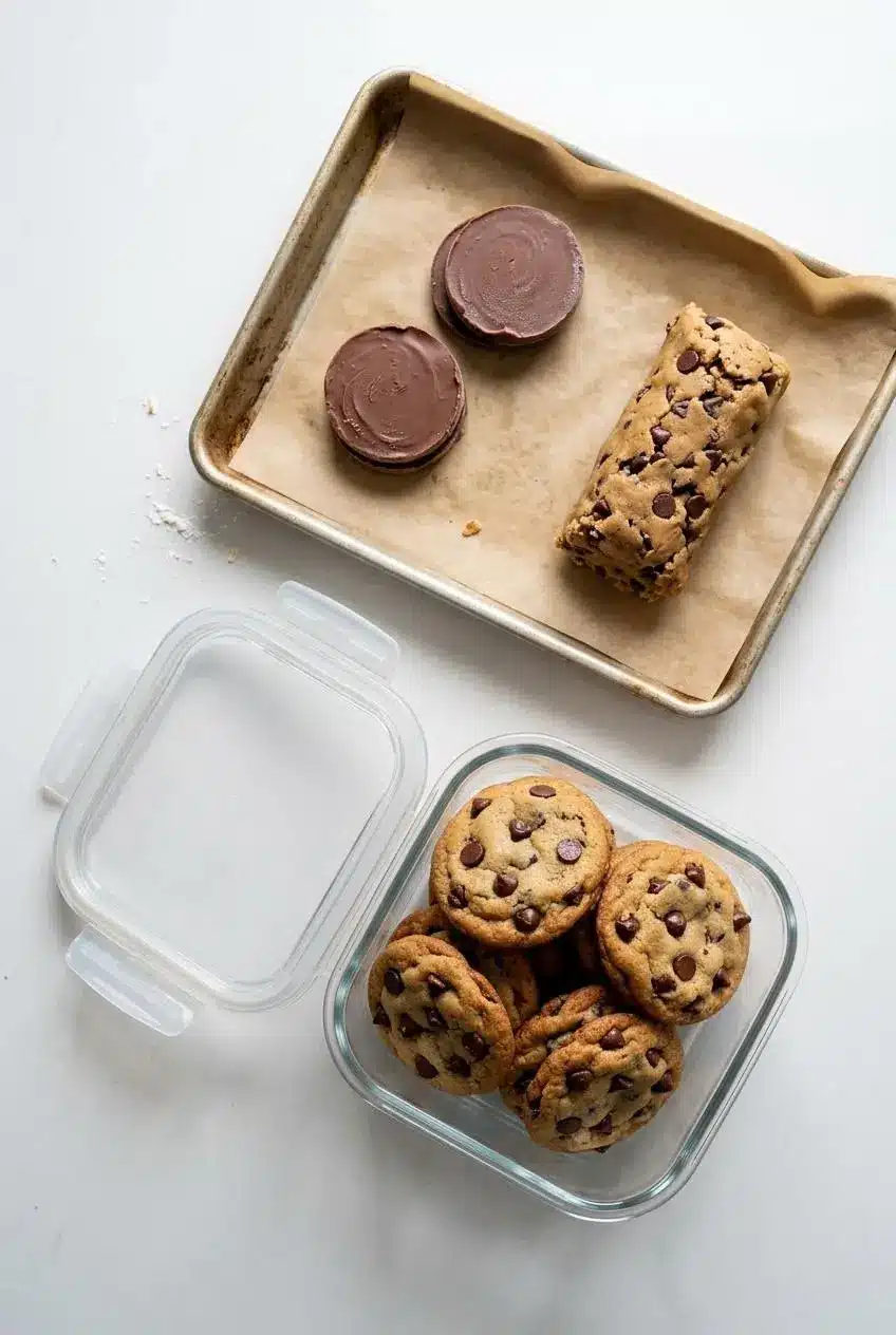 Cooled chocolate chip cookies in a glass airtight container next to frozen hazelnut spread discs and chilled cookie dough.