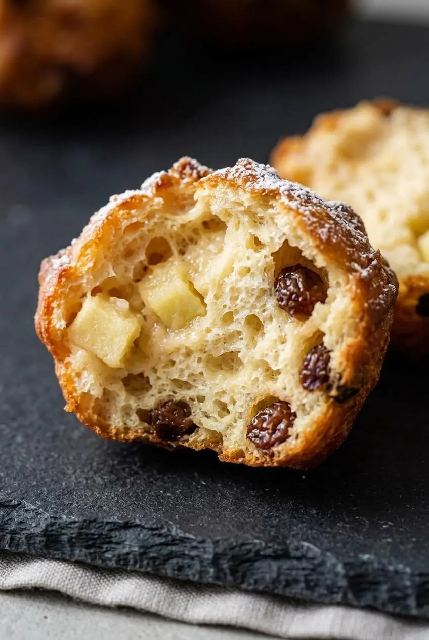 A torn oliebol showing a light airy crumb with diced apples and plump raisins inside.