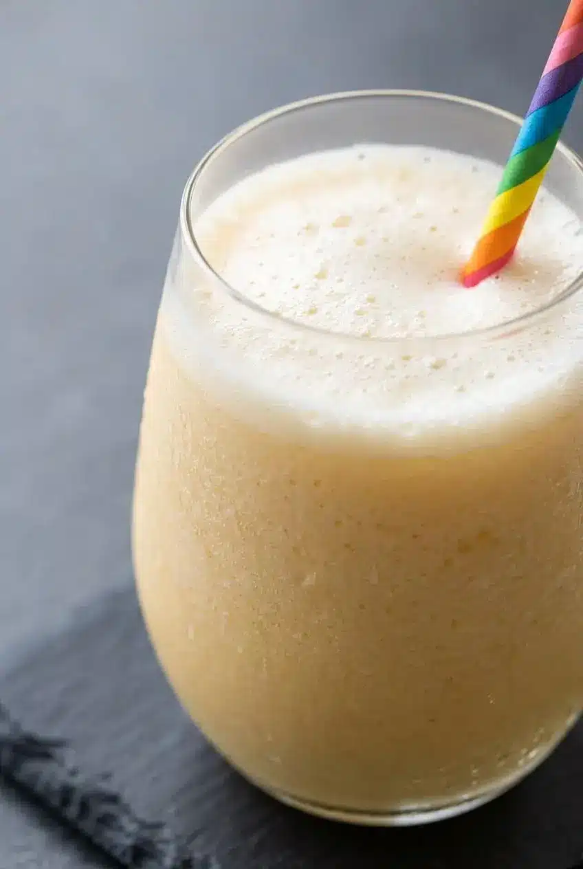 Close-up of a chilled glass holding pastel orange slush topped with a thick white micro-foam cap and a striped straw.