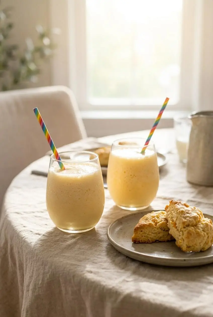 Two glasses of frothy orange julius recipe with striped paper straws served beside baked orange scones on a table.