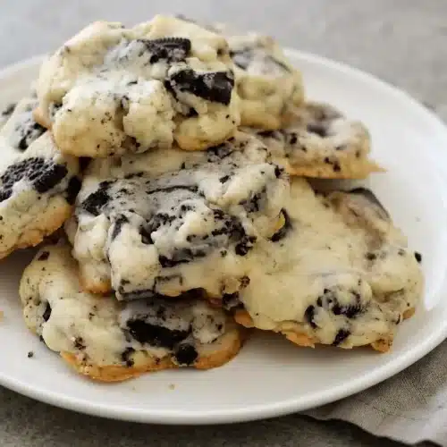Thick oreo cheesecake cookies with pale soft centers, golden bottom edges, and coarse chocolate sandwich cookie chunks