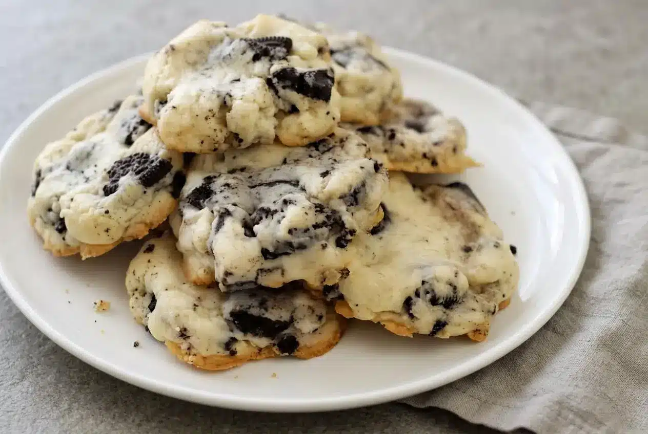Thick oreo cheesecake cookies with pale soft centers, golden bottom edges, and coarse chocolate sandwich cookie chunks