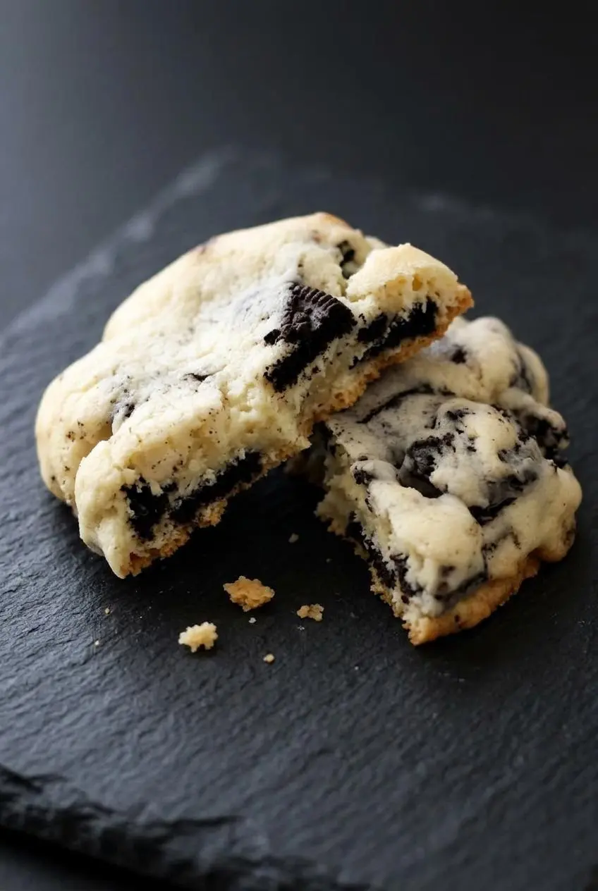 Close-up of a thick Oreo cheesecake cookie broken in half showing pale creamy crumb and coarse dark cookie chunks
