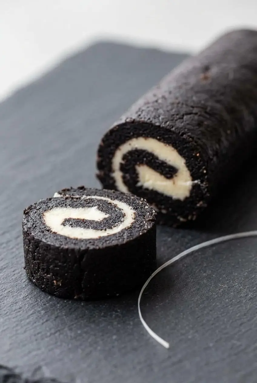 Close-up of a cleanly sliced chocolate cookie sushi round beside the chilled log and a strand of dental floss on slate.