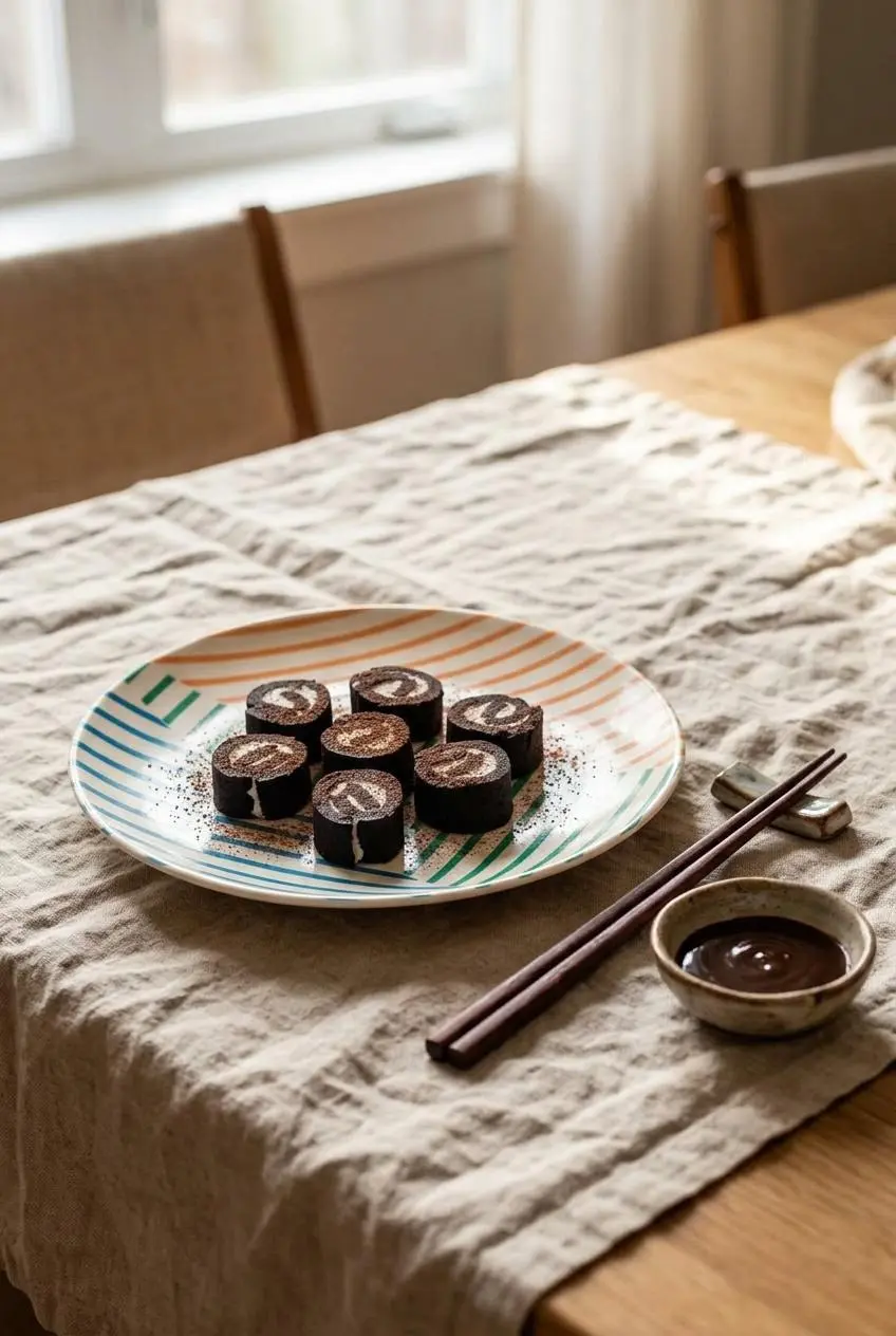 Chocolate cookie pinwheel rounds dusted with cocoa powder served with wooden chopsticks and chocolate fudge dipping sauce.
