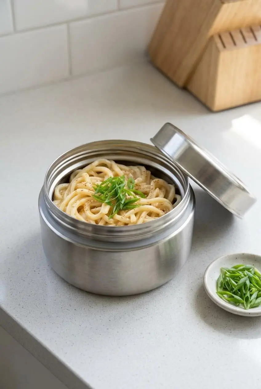 Miso butter udon noodles packed into an open insulated food jar on a quartz counter with sliced scallions.