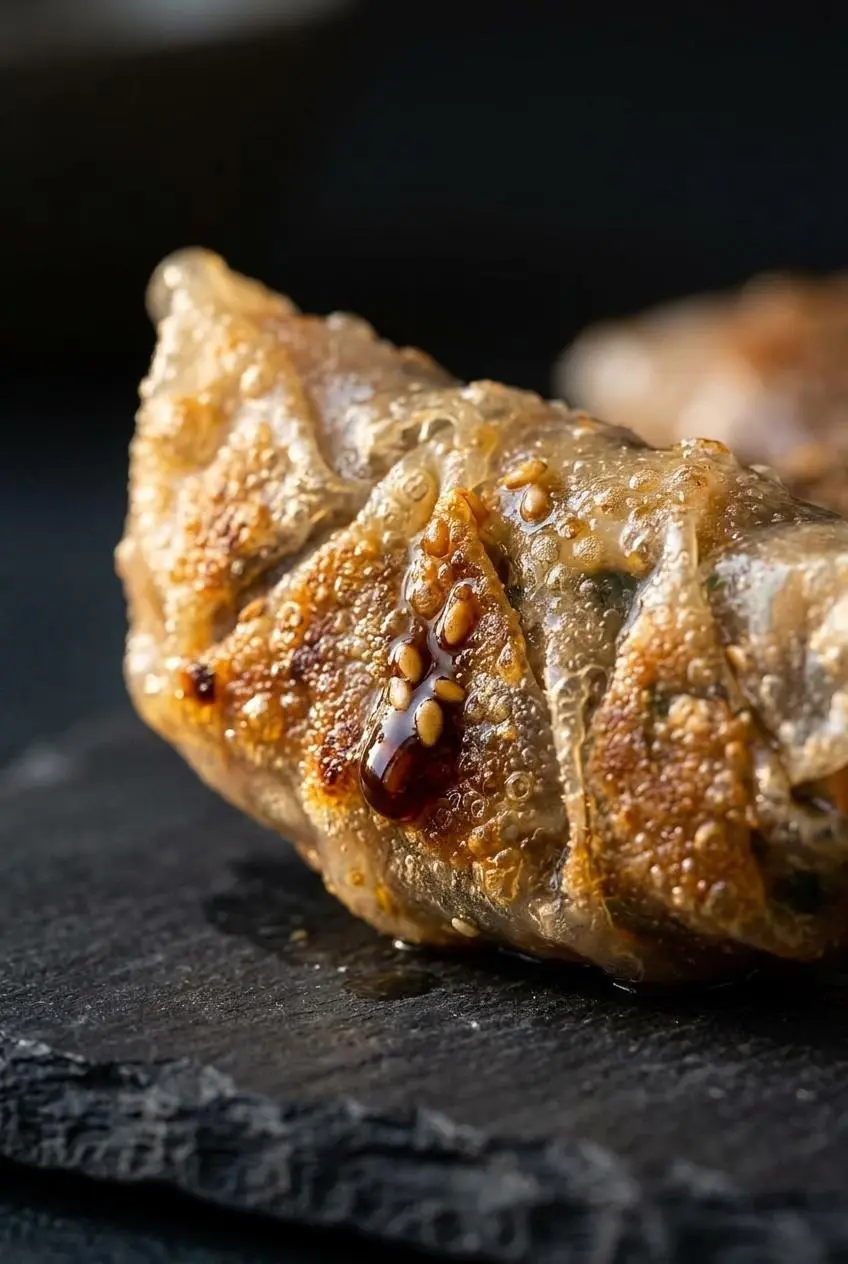 Close-up of the micro-blistered crispy crust on a pan-seared rice paper dumpling.