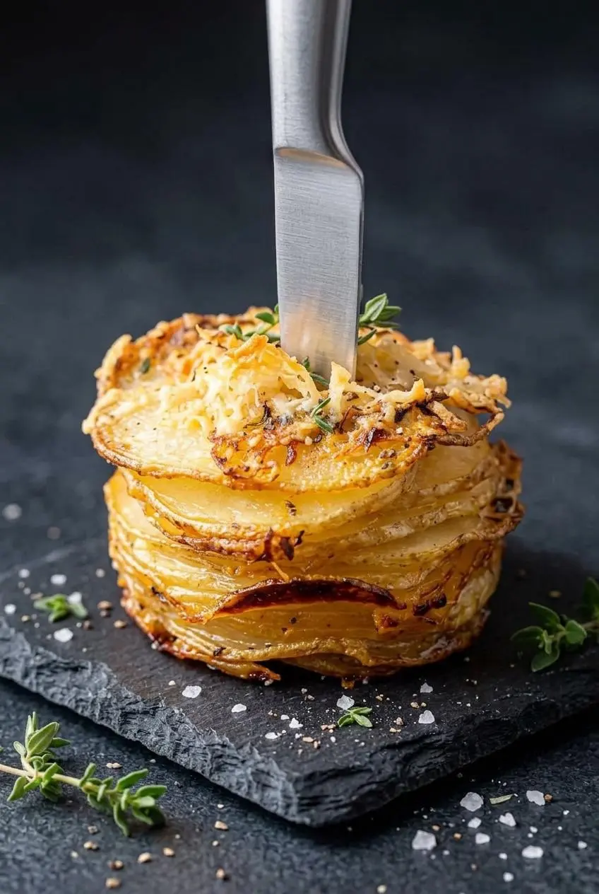 Close-up of a baked Yukon Gold potato stack with a lacy cheese skirt being tested in the center with a paring knife