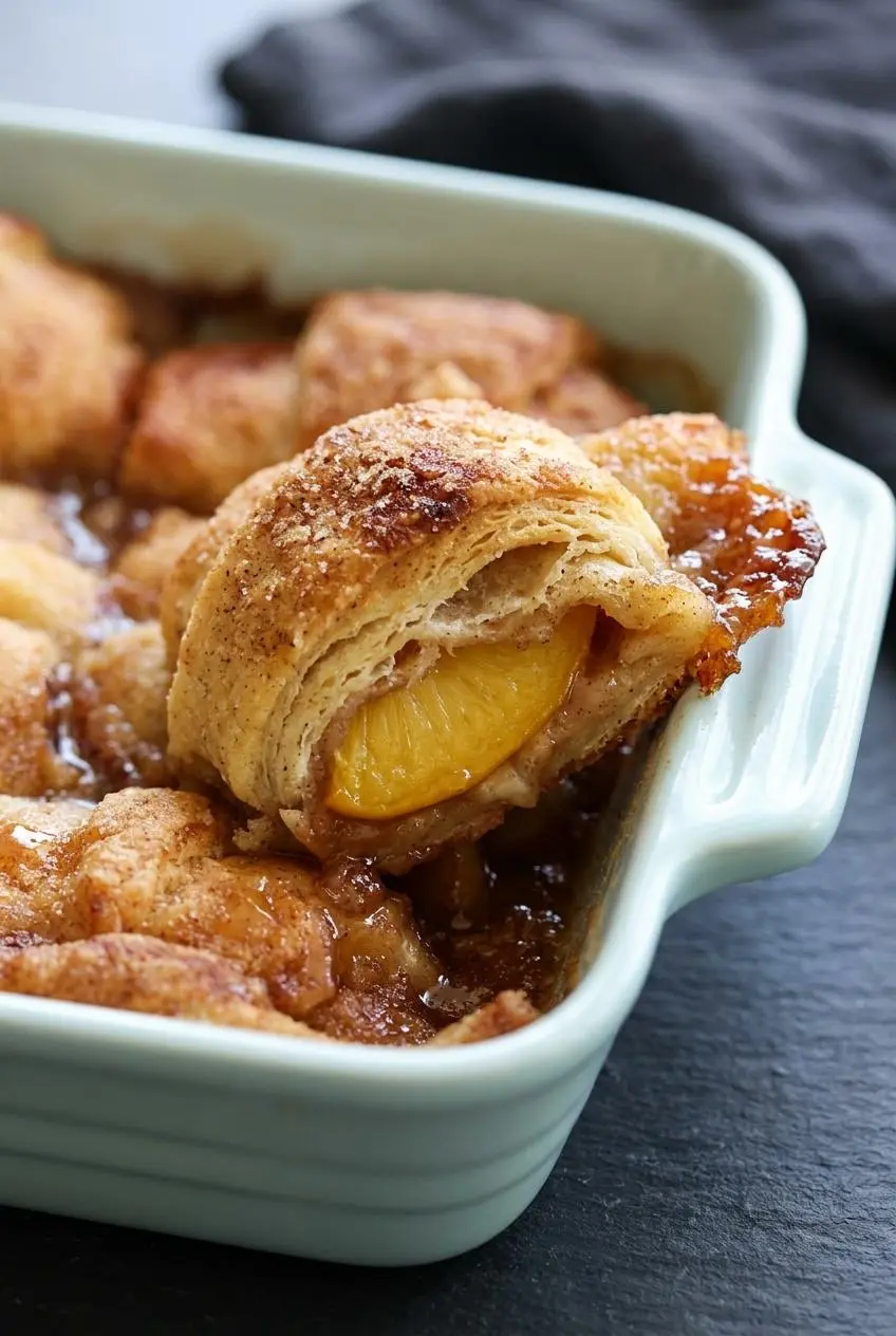 Sliced peach dumpling showing cooked inner pastry around a warm peach wedge in caramel sauce.