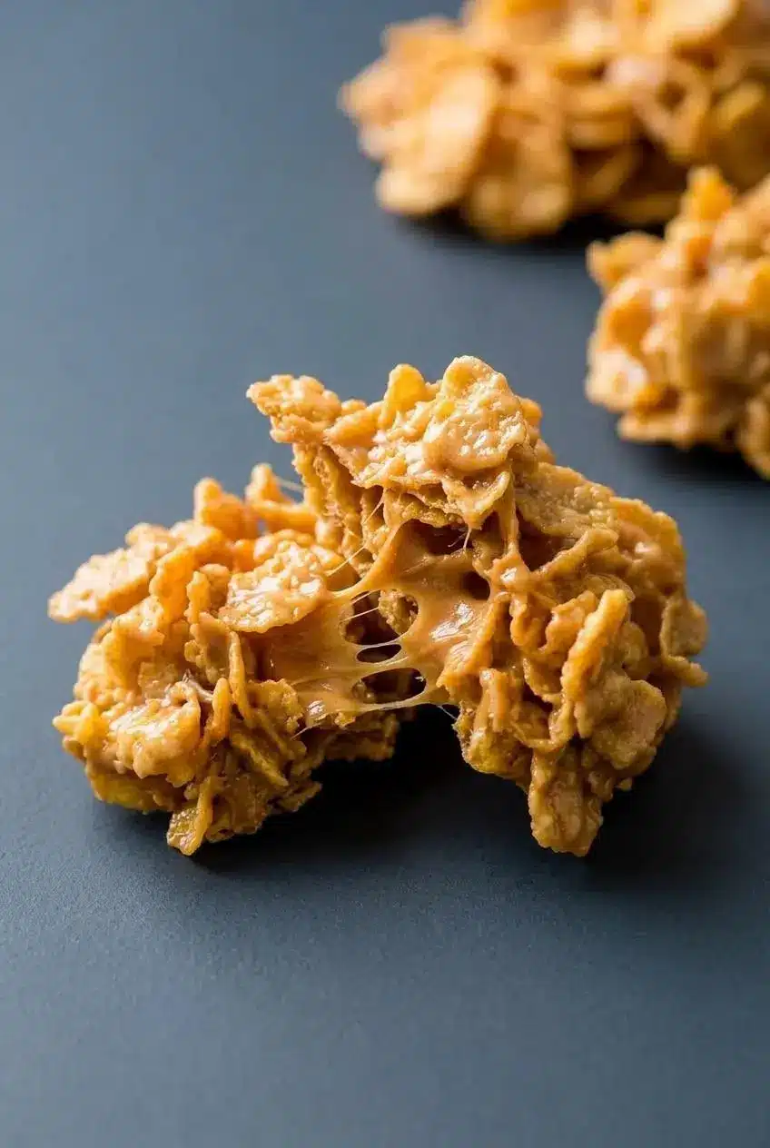 Macro cross-section of a peanut butter cornflake cookie showing chewy candy pockets and crisp cereal.