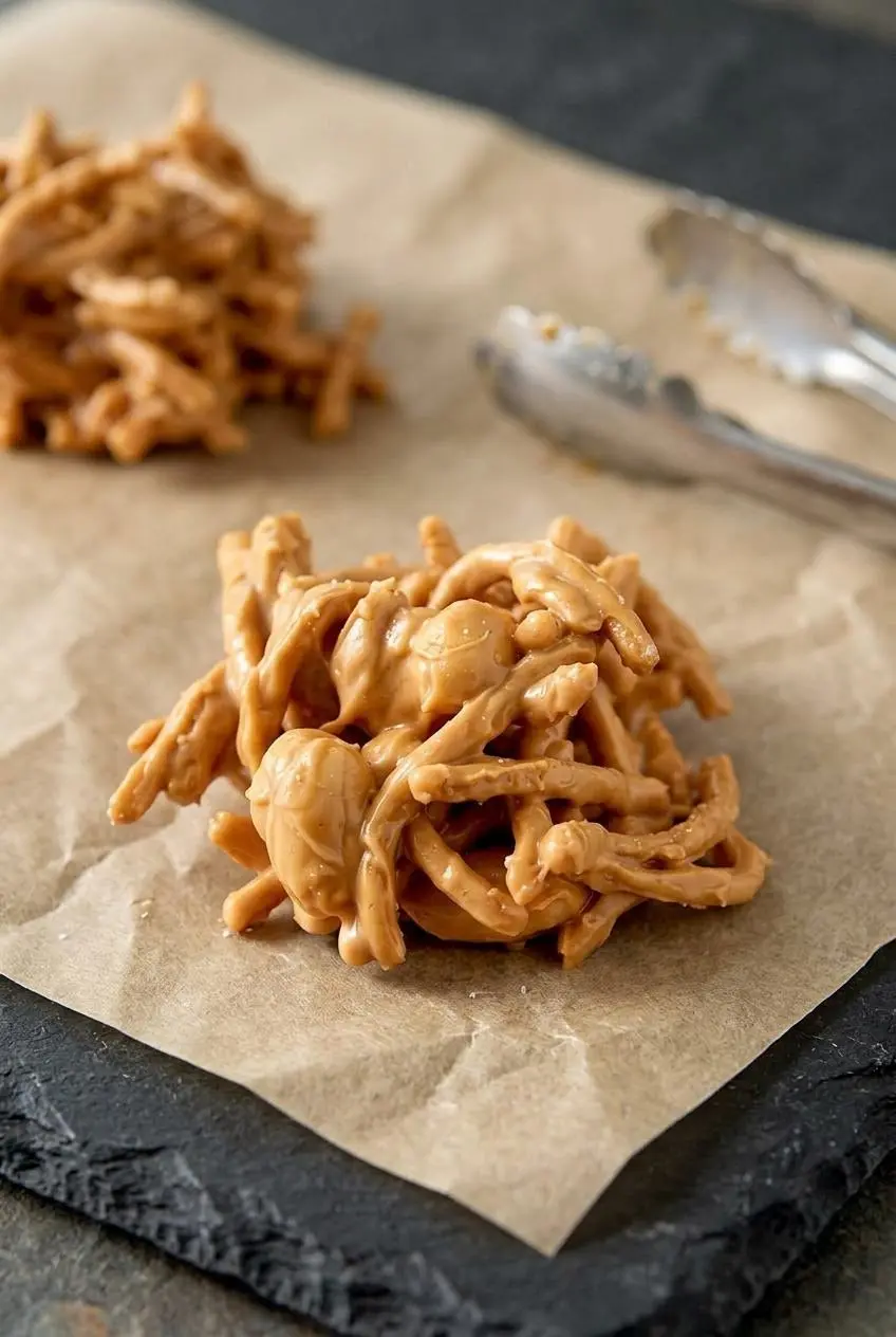 Close-up of a freshly scooped peanut butter haystack on parchment paper with glossy coating and small kitchen tongs.