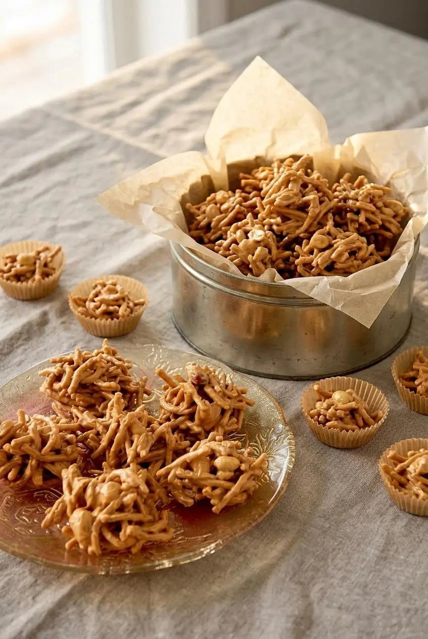 Peanut butter haystacks arranged in fluted paper candy cups and a parchment-lined metal tin on a linen table.