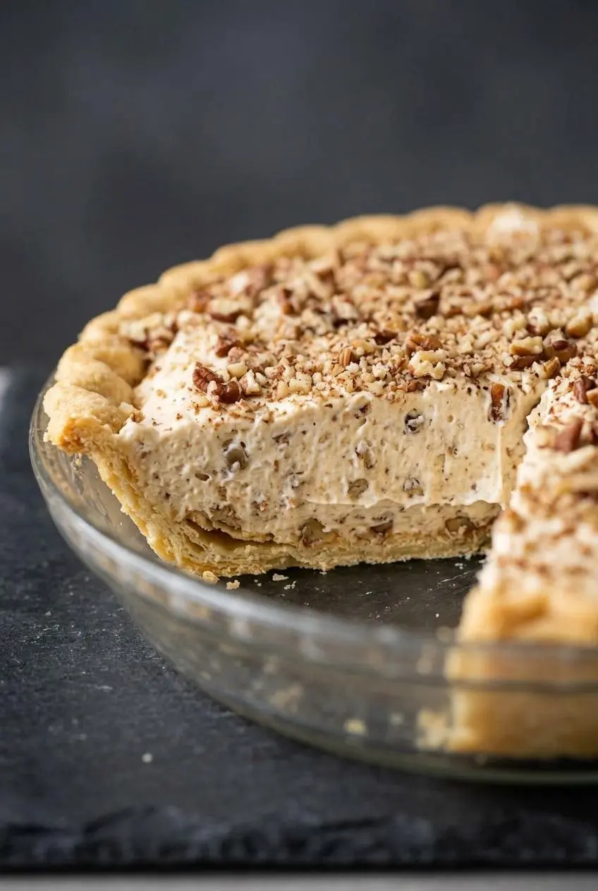 Close-up of a freshly cut edge of pecan cream pie showing airy maple mousse studded with chopped pecans over a flaky crust.