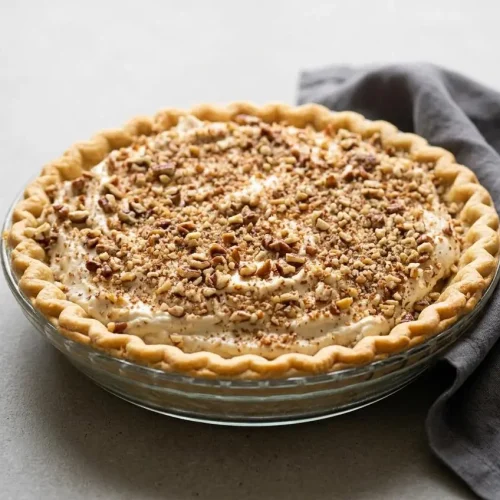 Chilled pecan cream pie with a fluffy maple cream cheese filling and chopped pecans in a flaky pastry crust.