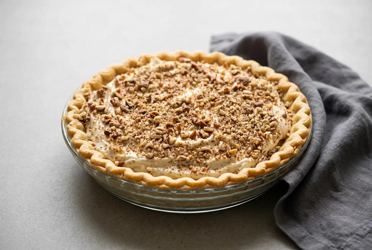 Chilled pecan cream pie with a fluffy maple cream cheese filling and chopped pecans in a flaky pastry crust.