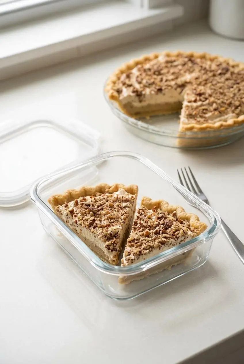 Two leftover slices of pecan cream pie in a clear glass airtight storage container with the lid beside it on a counter.