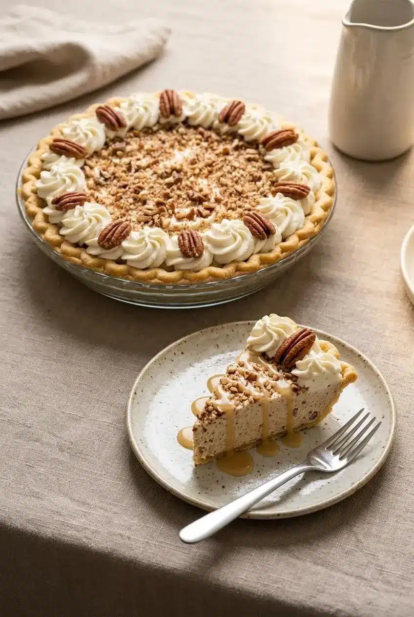 Plated slice of pecan cream pie drizzled with caramel sauce beside the whole pie topped with whipped cream rosettes.