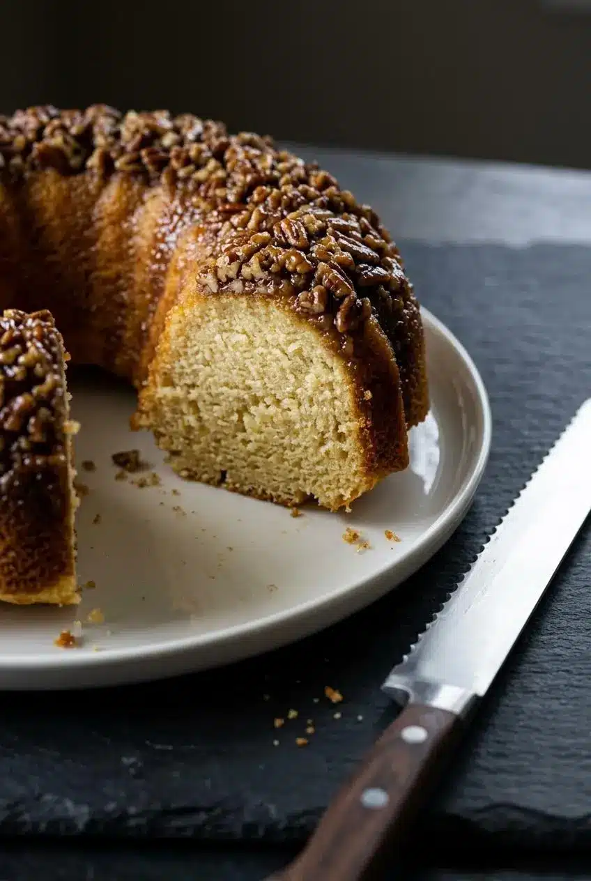 Close-up of a cleanly cut slice of pecan upside down bundt cake beside a serrated knife, showing moist crumb and chopped pecans.