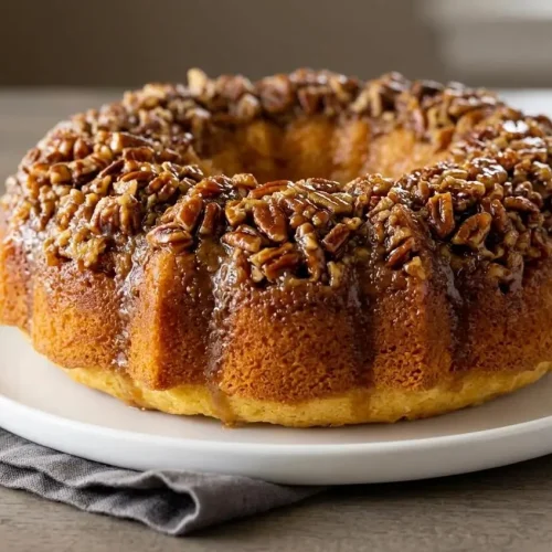 Pecan upside down bundt cake on a cake plate topped with a glossy brown sugar and chopped pecan glaze.