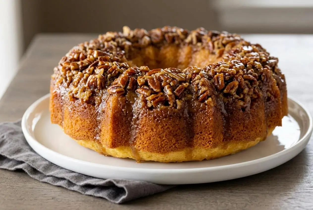 Pecan upside down bundt cake on a cake plate topped with a glossy brown sugar and chopped pecan glaze.