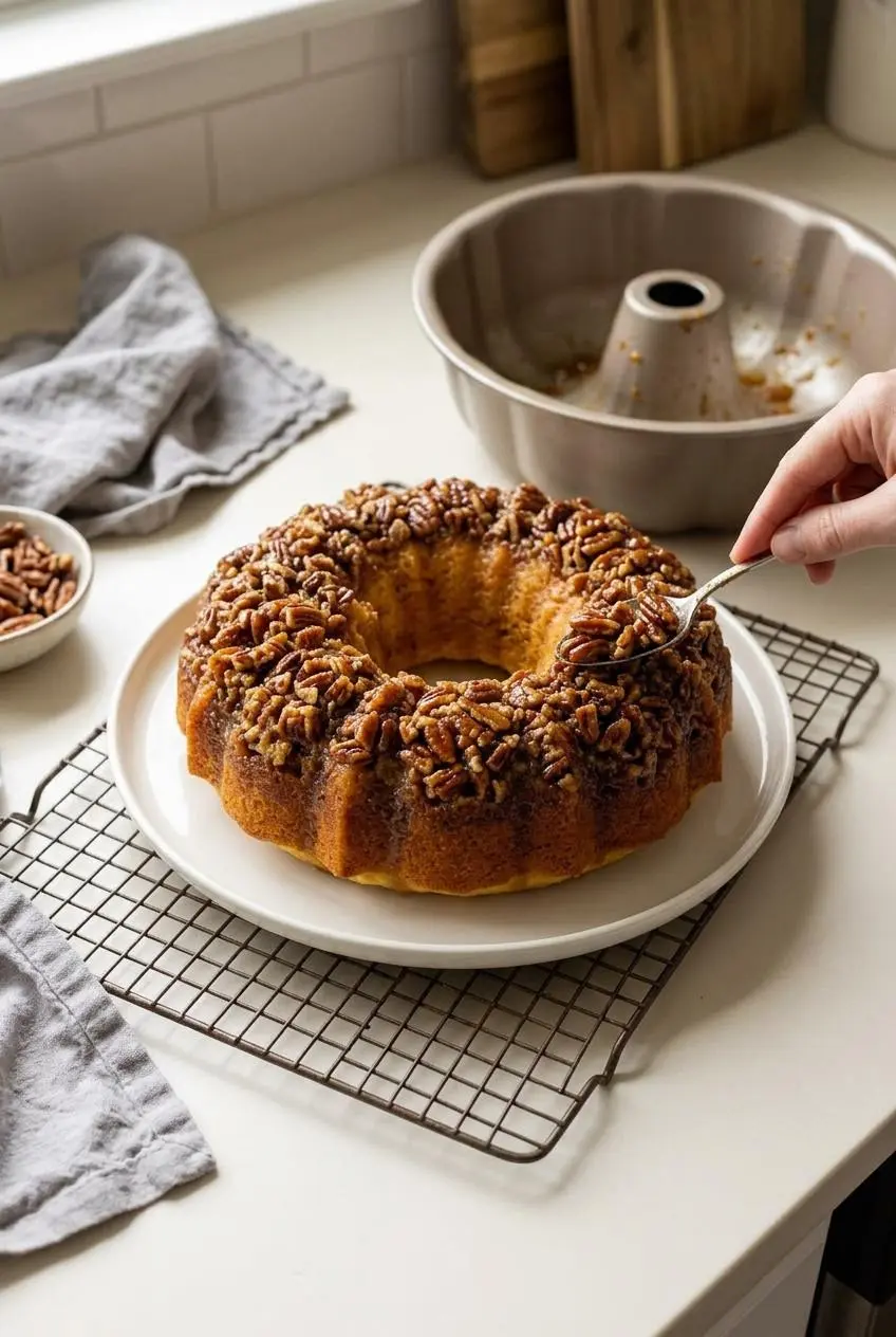 Freshly inverted pecan upside down bundt cake on a plate over a wire rack next to the empty bundt pan, pressing pecans into the glaze.