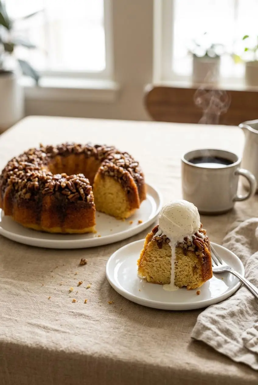 Warm slice of pecan upside down bundt cake served with melting vanilla bean ice cream and black coffee beside the whole cake.