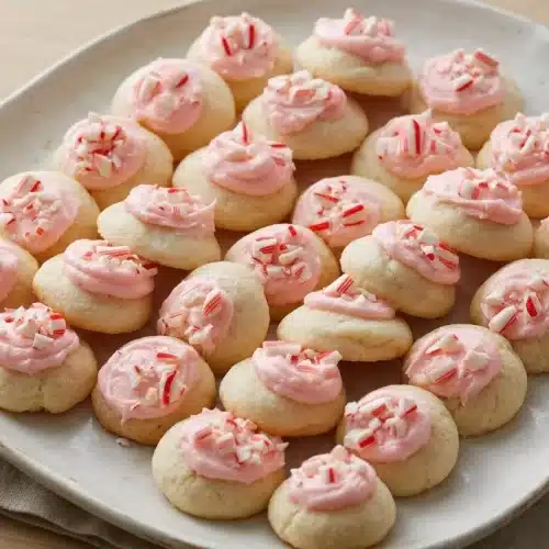 Peppermint meltaway cookies topped with fluffy pink peppermint buttercream and crushed red and white candies.