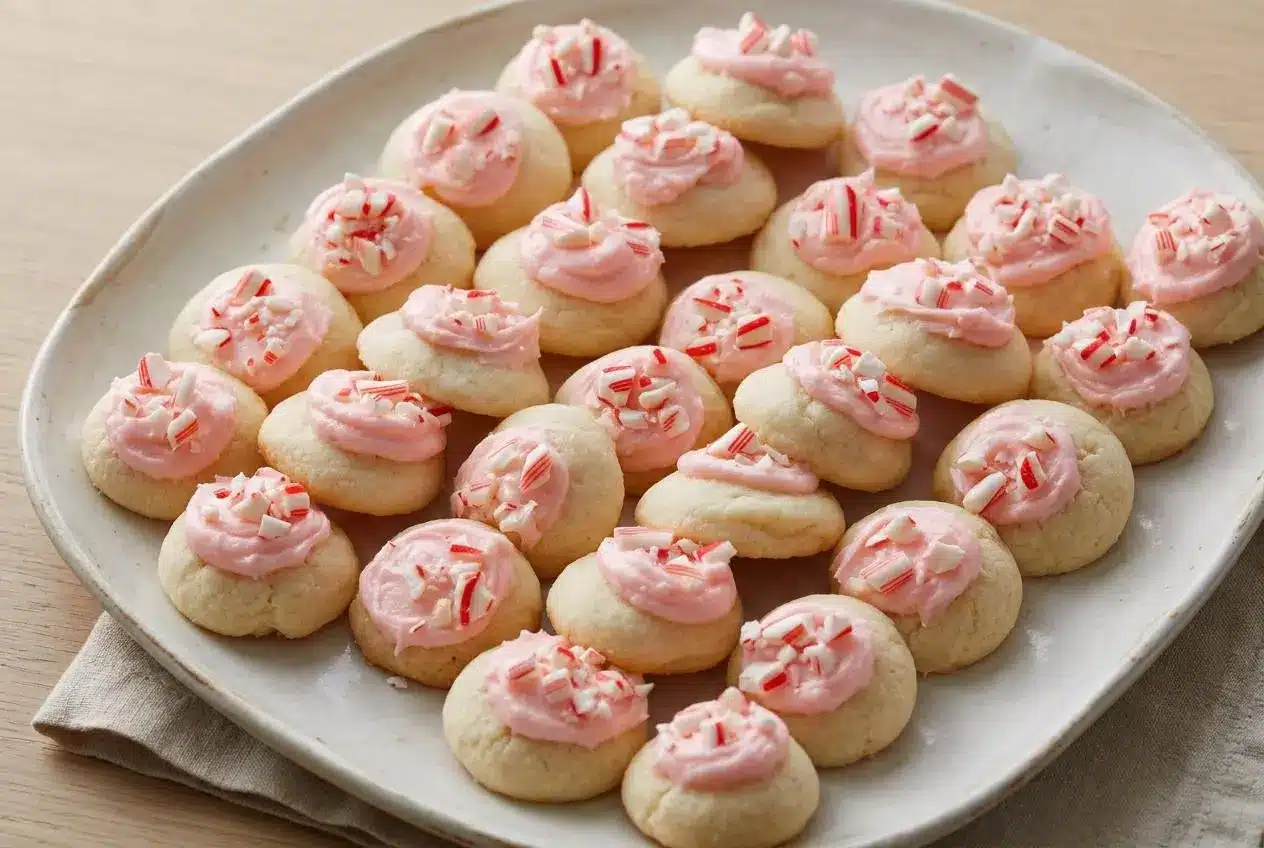 Peppermint meltaway cookies topped with fluffy pink peppermint buttercream and crushed red and white candies.