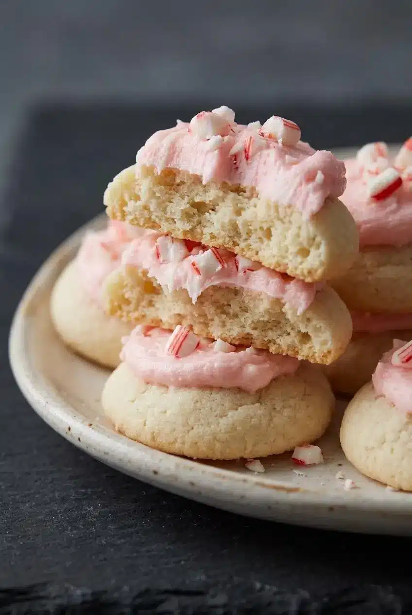 Close-up of a peppermint meltaway cookie broken in half showing the fine shortbread crumb and thick buttercream.