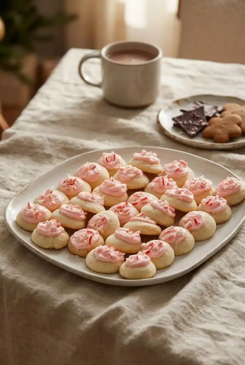 Platter of frosted peppermint meltaway cookies served with hot cocoa, dark chocolate bark, and gingerbread.