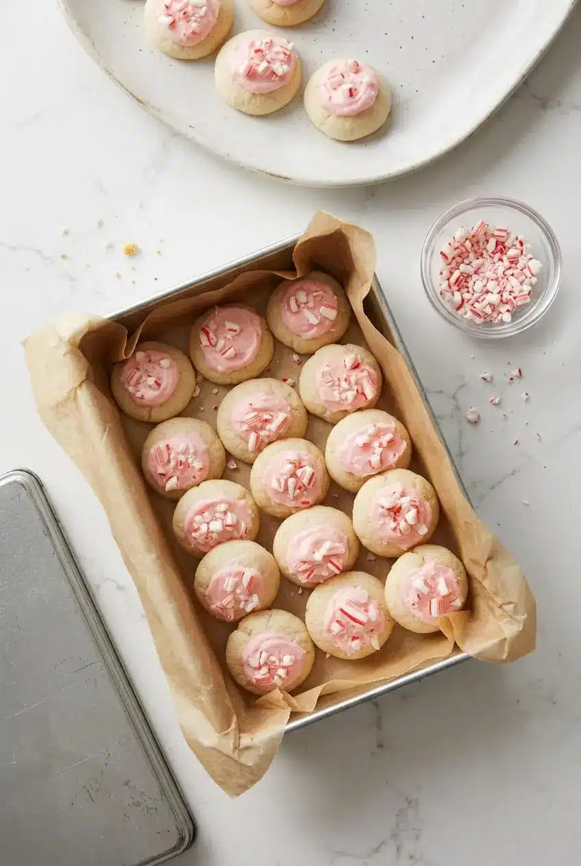 Parchment-lined metal cookie tin holding a single layer of frosted cookies next to a bowl of crushed peppermint.