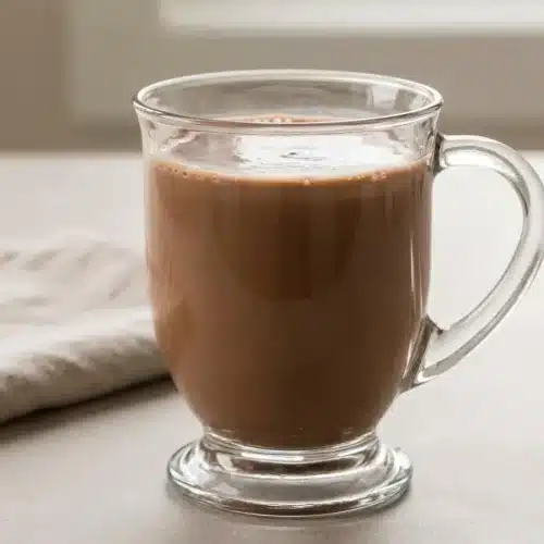 Glass container of velvety chocolate peppermint mocha coffee creamer recipe ready to pour into hot or iced coffee.
