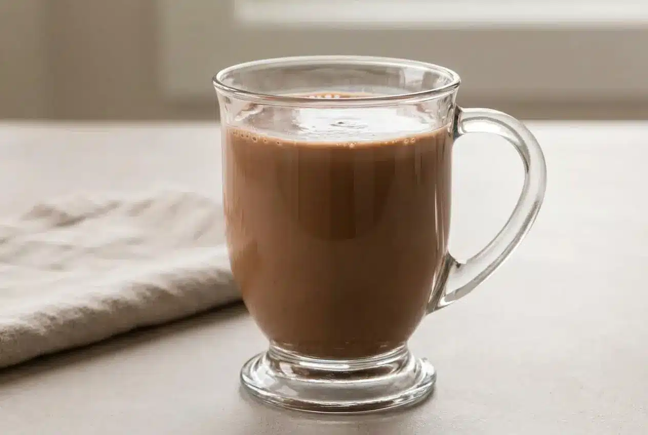 Glass container of velvety chocolate peppermint mocha coffee creamer recipe ready to pour into hot or iced coffee.