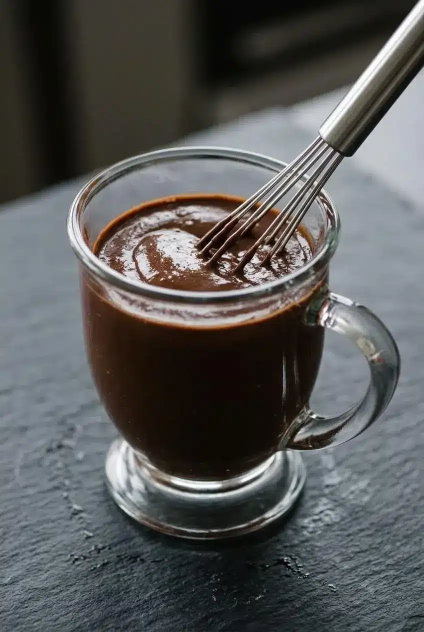 Small glass bowl of glossy lump-free chocolate paste with a stainless steel mini whisk on dark slate.