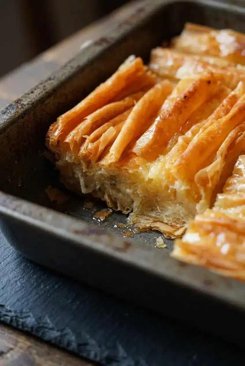 Close-up of a cut corner of phyllo crinkle cake showing crisp golden ridges and soft vanilla-flecked custard