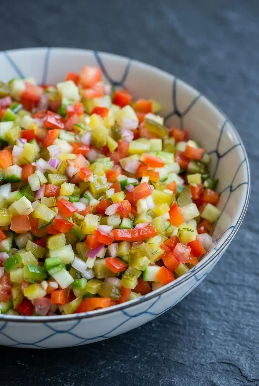 Close-up of chunky pickle salsa showing finely diced dill pickles, red tomato, cucumber, bell pepper, and fresh dill in brine