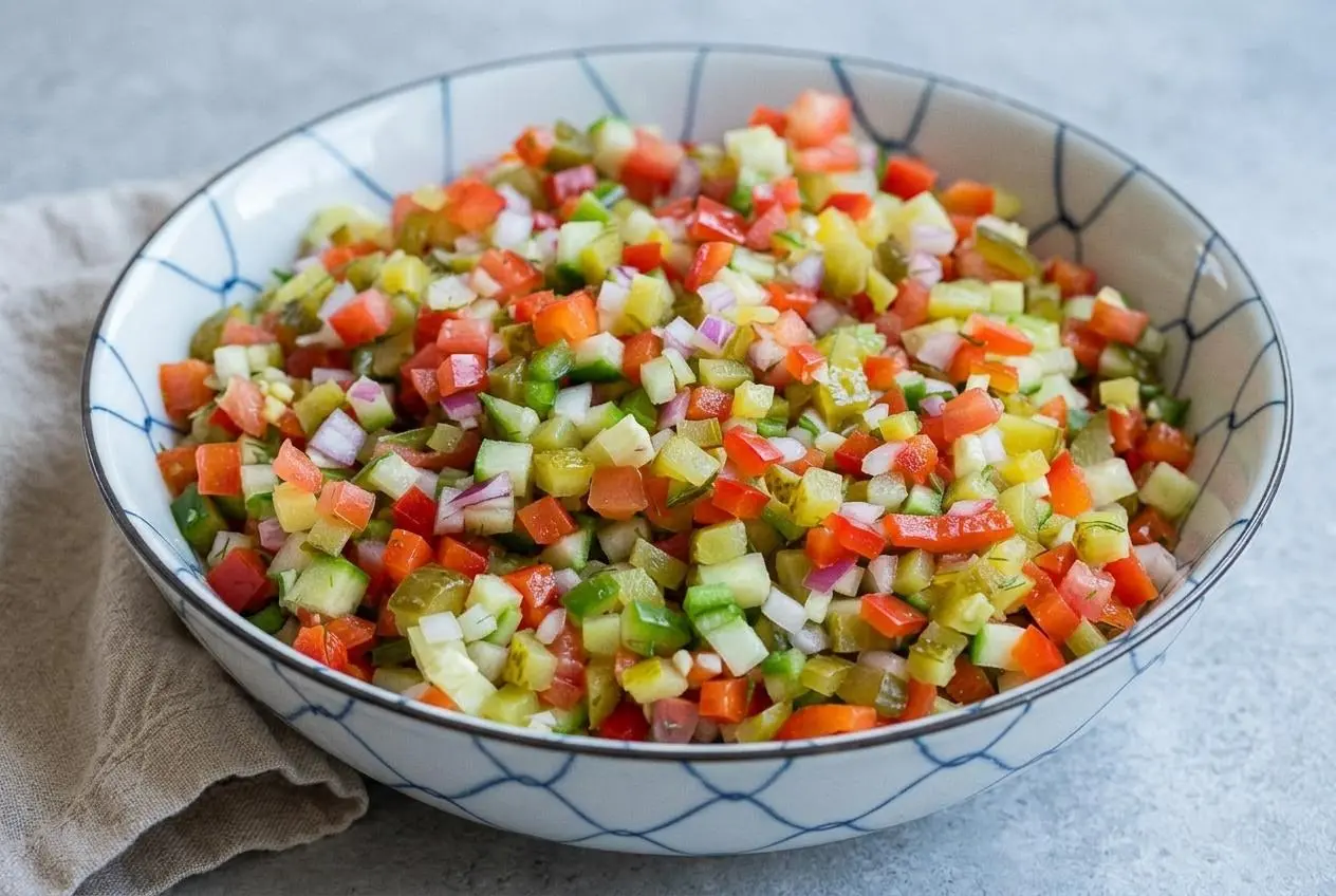 Bowl of chunky pickle de gallo recipe made with crisp diced dill pickles, tomatoes, cucumbers, red bell pepper, and fresh dill