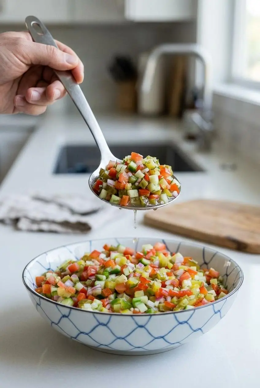Stainless steel slotted spoon lifting a drained scoop of chunky pickle salsa from a bowl to leave excess brine behind