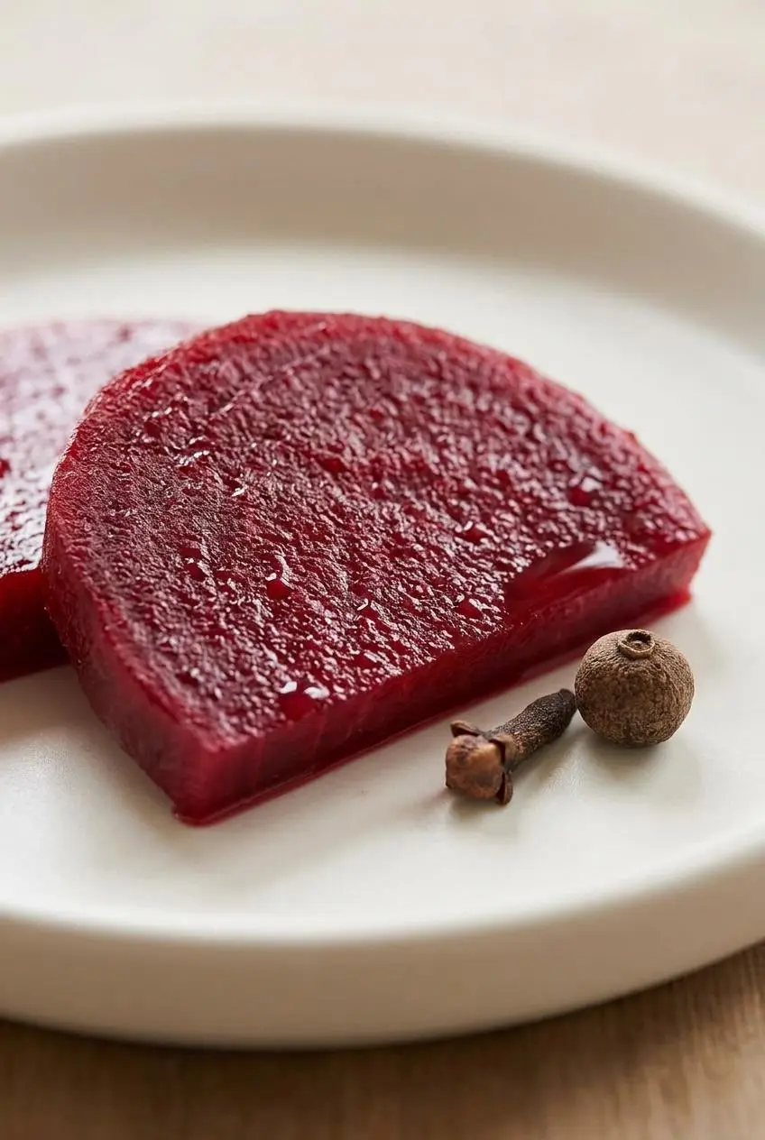 Macro view of a tender quarter-inch pickled beet slice showing natural rings and glistening spiced brine.