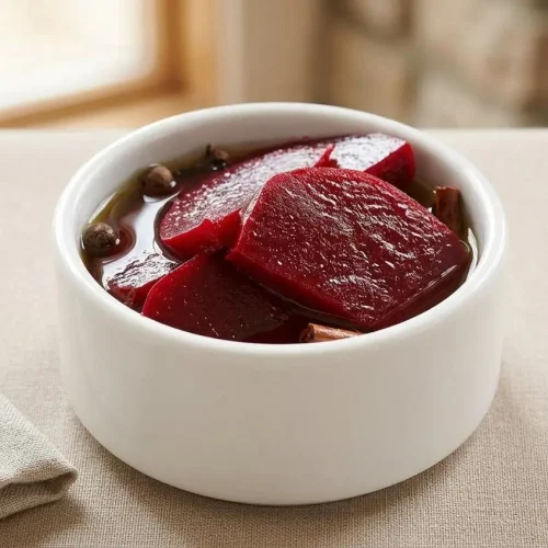 Glossy slices of this pickled beets recipe packed in sweet spiced vinegar brine.