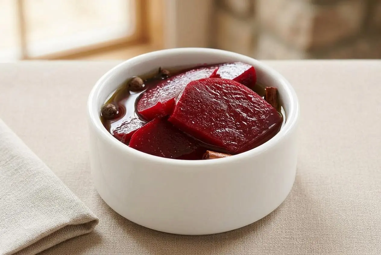 Glossy slices of this pickled beets recipe packed in sweet spiced vinegar brine.