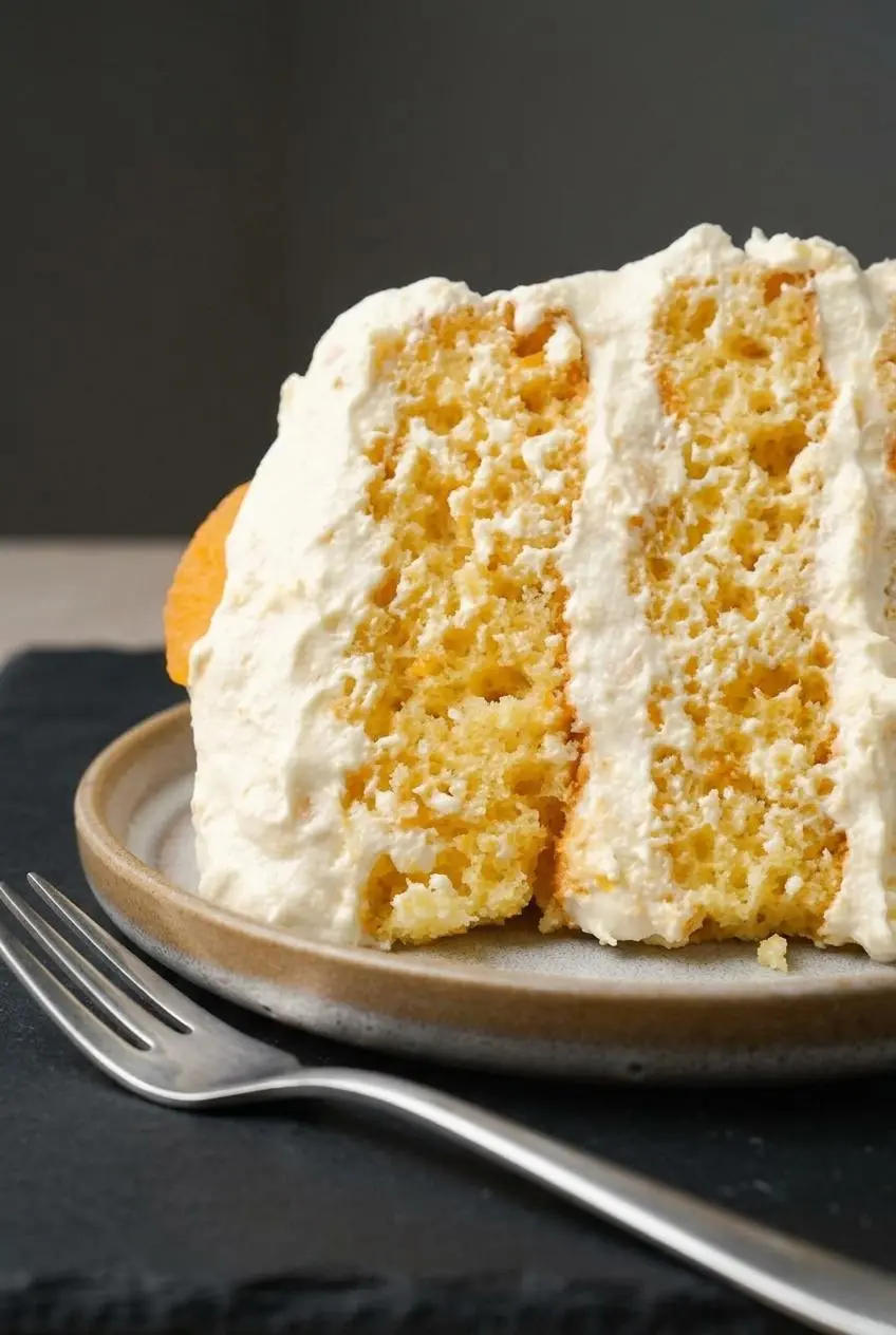 Close-up slice of yellow cake with mandarin orange flecks and thick pineapple pudding frosting on dark slate.