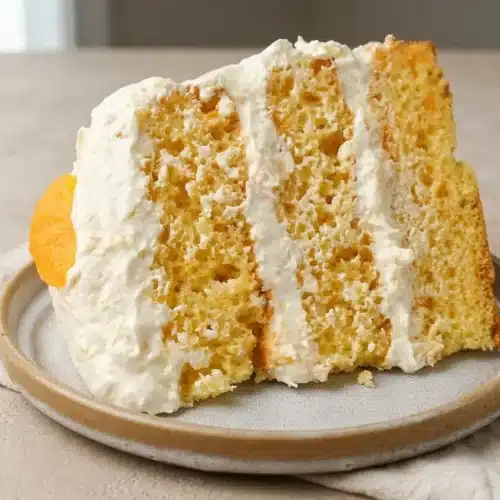 Chilled pig pickin cake with moist mandarin orange crumb and fluffy pineapple pudding frosting.