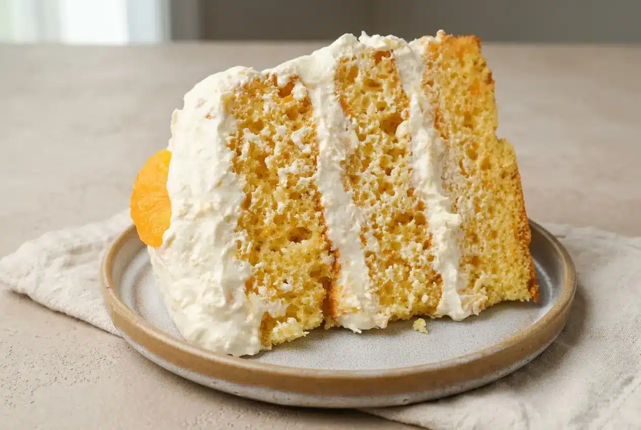 Chilled pig pickin cake with moist mandarin orange crumb and fluffy pineapple pudding frosting.