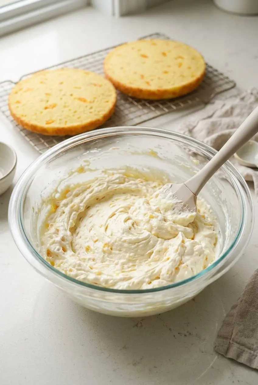 Glass bowl of crushed pineapple pudding mixture being folded with whipped topping near cooled orange cake layers.