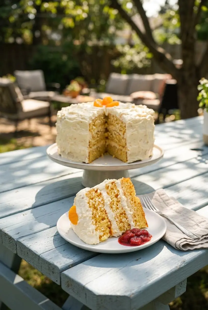 Chilled pig pickin cake on a blue picnic table with a plated slice and strawberry compote on the side.