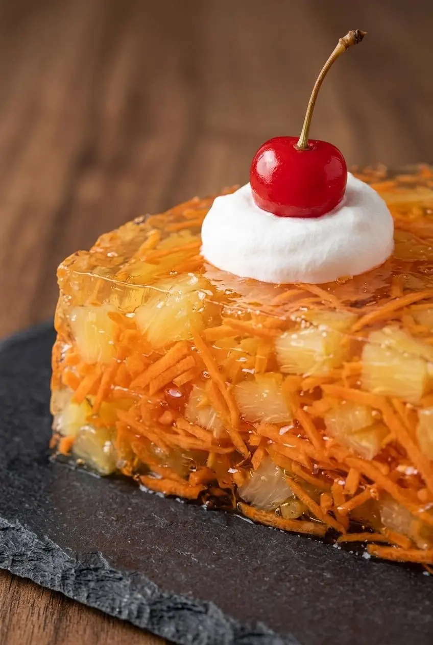 Close-up macro slice of orange gelatin showing evenly suspended shredded carrots and crushed pineapple.